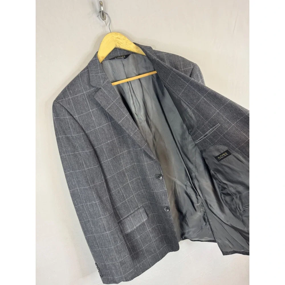 Alfred Sung Mens Grey Windowpane Wool‎ Silk Linen Blend Blazer Jacket 44 X-Long